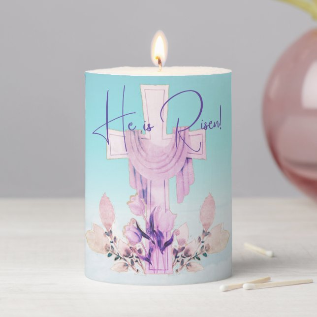 'He is Risen!' Cross & Flowers Pillar Candle (In Situ)