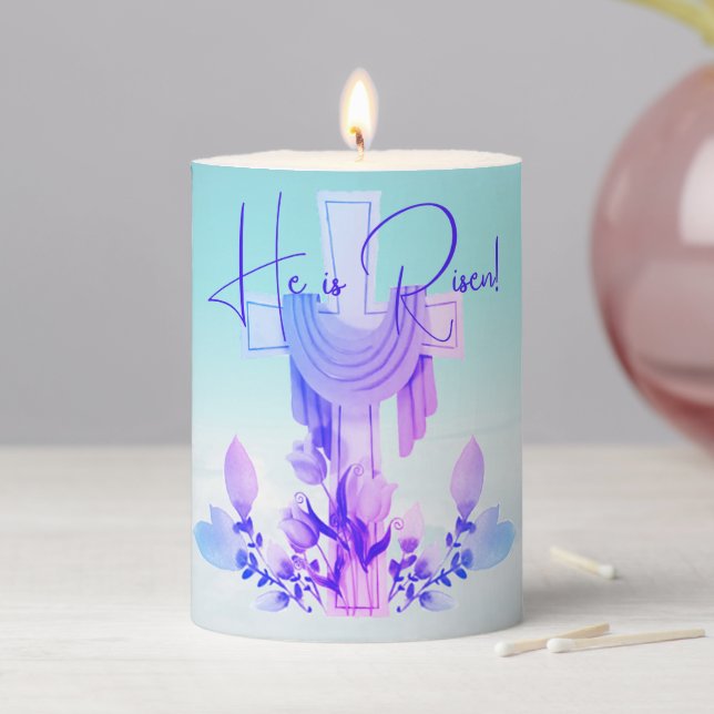 'He is Risen!' Cross & Flowers Pillar Candle (In Situ)