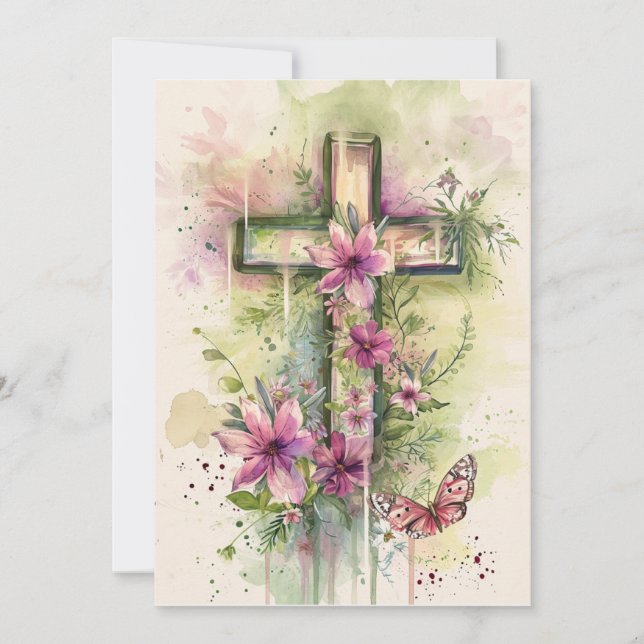 He Is Risen Cross Greeting Card, Happy Easter Holiday Card (Front)