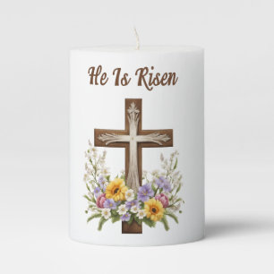 He Is Risen Cross Pillar Candle