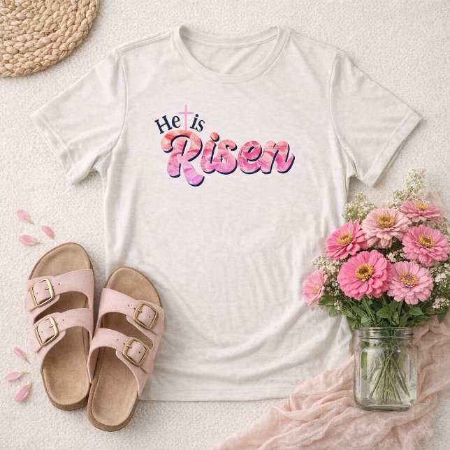 He Is Risen Cross Pink Floral Lettering Easter  Tri-Blend Shirt (He is Risen Pink Floral Script Font Easter Cross Shirt )