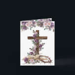 He is Risen | Cross with Bible Easter Card<br><div class="desc">This Easter card features a graphic of a cross adorned with purple flowers with an open Bible laying at the base. There is a scripture verse on the inside left. There are pink and purple rosed along the top. The inside has a greeting reads "He is Risen" "Happy Resurrection Day....</div>
