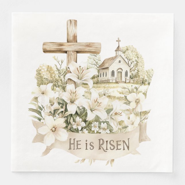 He is Risen | Cross with Church Easter Paper Dinner Napkins (Front)