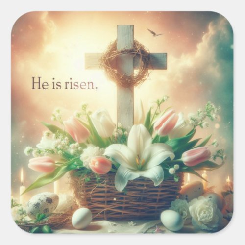 He is Risen Cross with Crown of Thorns Square Sticker