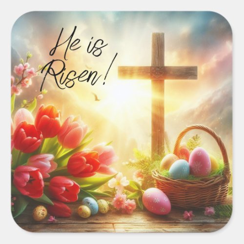 He is Risen Cross with Easter Eggs and Tulips Square Sticker