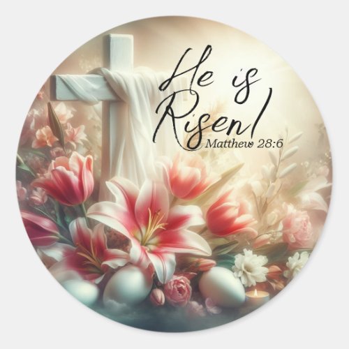 He is Risen Cross with Easter Lilies and Eggs Classic Round Sticker