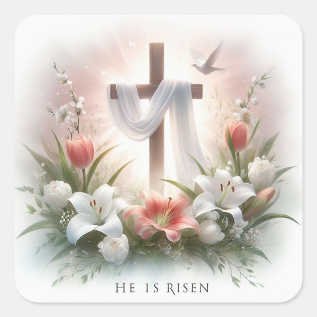 He is Risen Cross with Easter Lilies Square Sticker (Front)