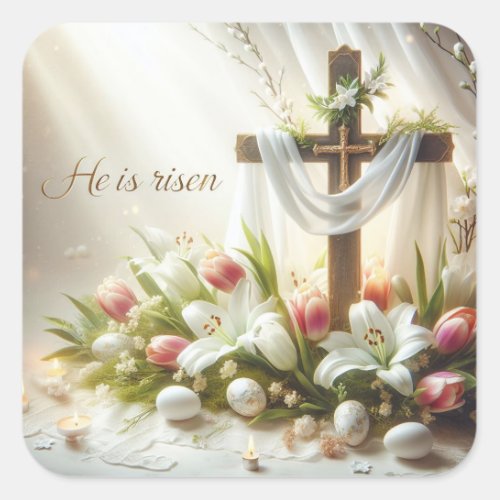 He is Risen Cross with Easter Lilies Square Sticker
