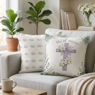 He is Risen Easter 2026 Floral Cross Religious Throw Pillow