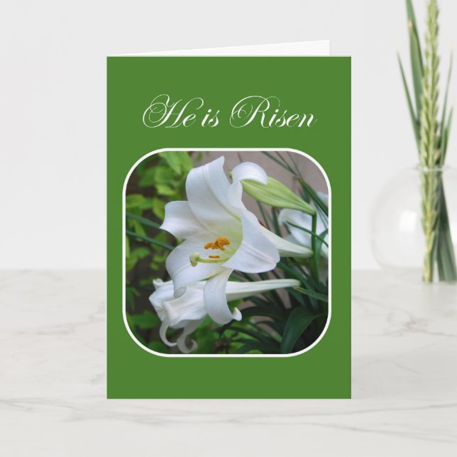 He is Risen, Easter Blessings, White Lily Holiday Card (Front)