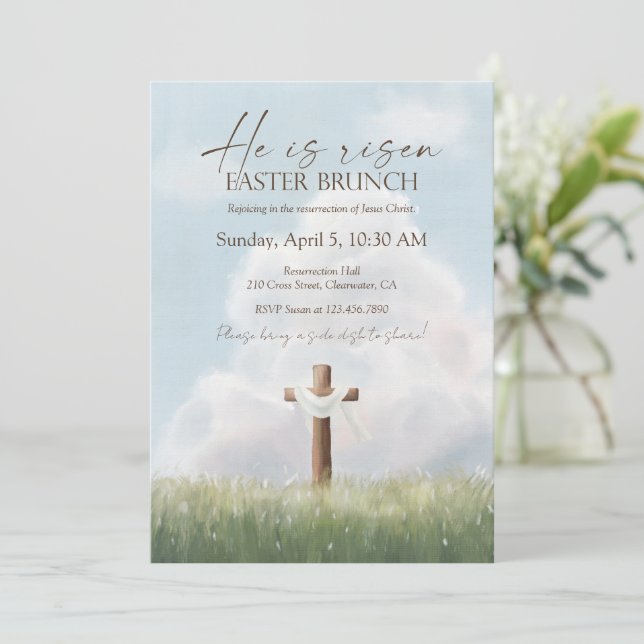 He Is Risen Easter Brunch Cross Resurrection Invitation (Standing Front)