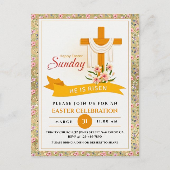 He Is Risen Easter Cross, Flowers, Elegant Easter Holiday Postcard (Front)