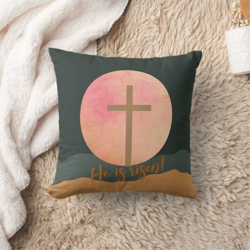 He is Risen Easter Cross Landscape Throw Pillow