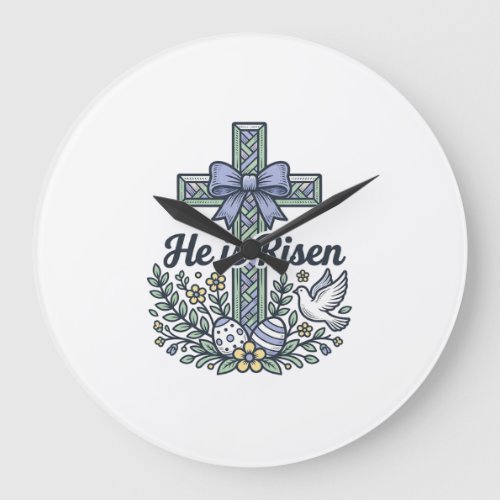 He Is Risen Easter Cross Vintage Vector Large Clock