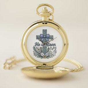He Is Risen Easter Cross Vintage Vector Pocket Watch