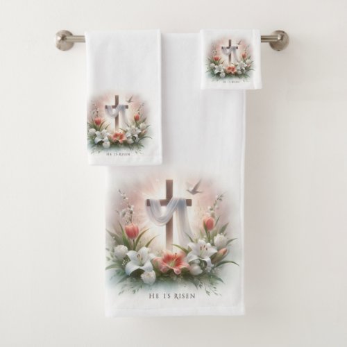 He Is Risen Easter Cross with Flowers Bath Towel Set