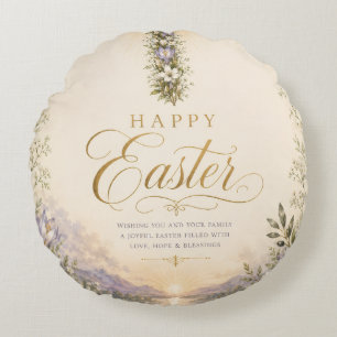 He Is Risen Easter, Elegant Floral Cross Christian Round Pillow