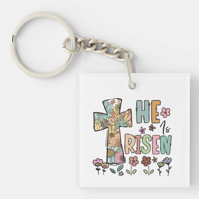 He is Risen Easter Floral Jesus Cross Keychain (Front)