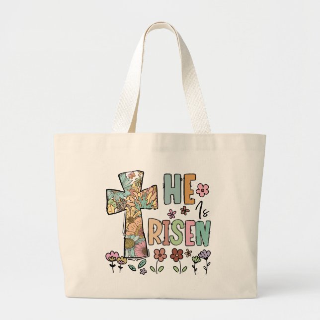 He is Risen Easter Floral Jesus Cross Large Tote Bag (Front)