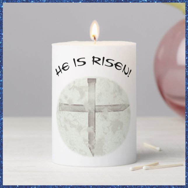 He Is Risen Easter Nail Cross  Pillar Candle (Bookmark my store! https://www.zazzle.com/store/capricepetit)