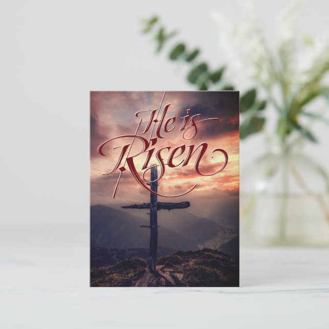 He is Risen Easter Script Cross Holiday Postcard (Standing Front)