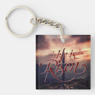 He is Risen Easter Script Cross Keychain