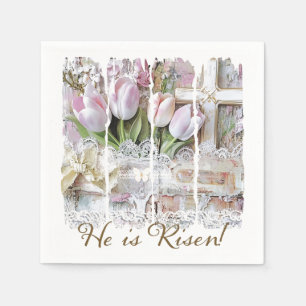 He is Risen Easter Tulip Cross Christian Vintage Napkins
