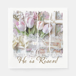 He is Risen Easter Tulip Cross Christian Vintage Napkins