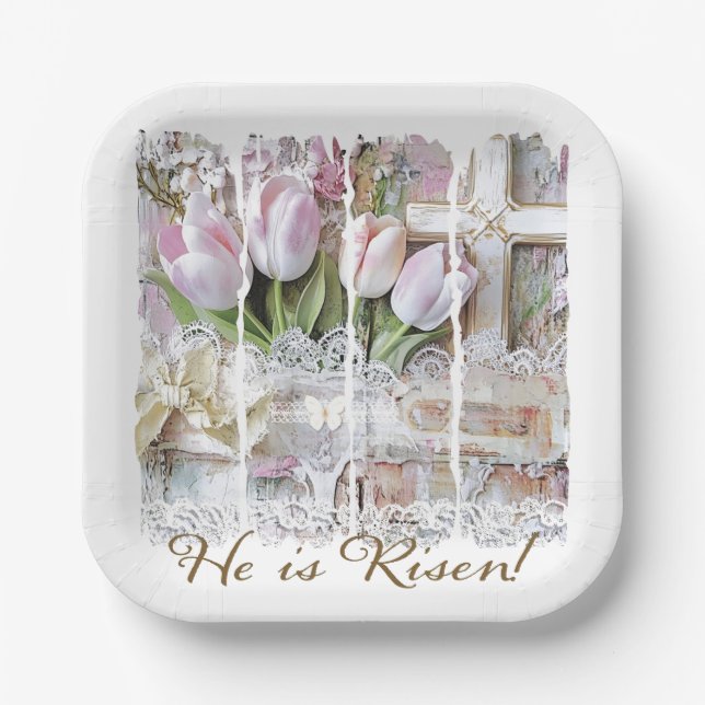 He is Risen Easter Tulip Cross Christian Vintage Paper Plates (Front)