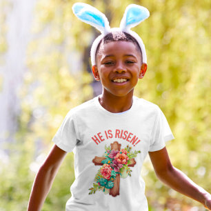 He is Risen Easter Watercolor Floral Cross T-Shirt