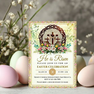 He Is Risen Easter Watercolor Flowers, Religious Holiday Card