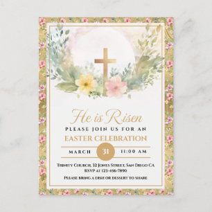 He Is Risen Easter Watercolor Flowers, Religious Holiday Postcard