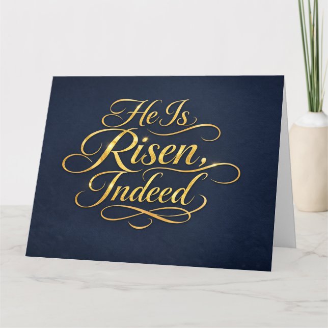 He Is Risen – Elegant Gold Script Easter Card (Front)