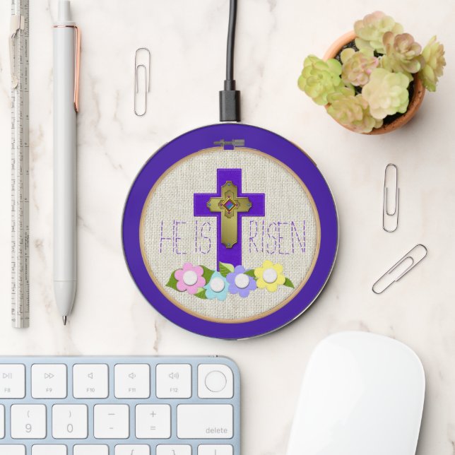 He Is Risen Embroidery Hoop Felt Look Wireless Charger (Desk)