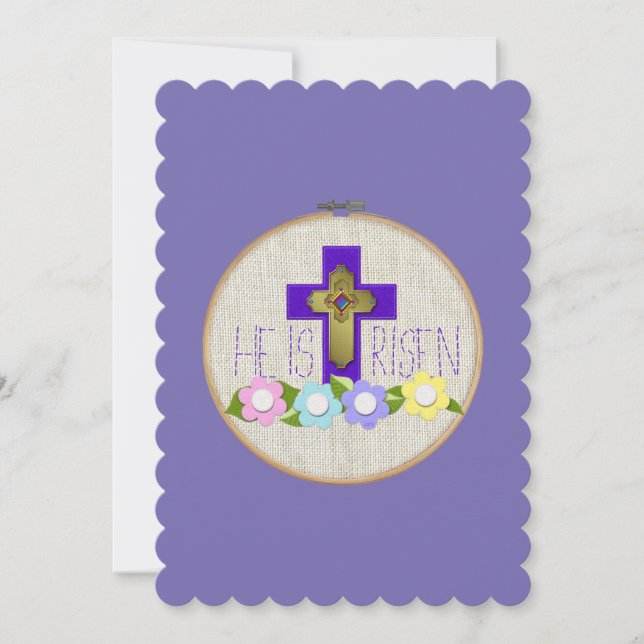 He Is Risen Embroidery Hoop Flowers Holiday Card (Front)