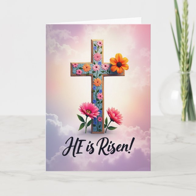 He Is Risen Floral Cross Card (Front)