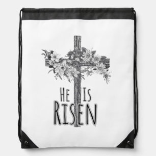 He Is Risen Floral Cross Drawstring Bag