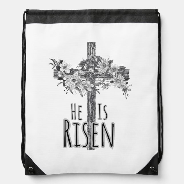 He Is Risen Floral Cross Drawstring Bag (Front)
