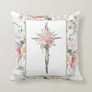 He is Risen Floral Cross Easter Resurrection Throw Pillow
