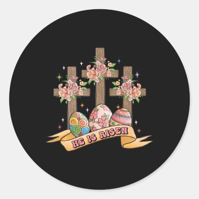 He Is Risen Floral Cross Happy Easter Day 2023 Classic Round Sticker (Front)