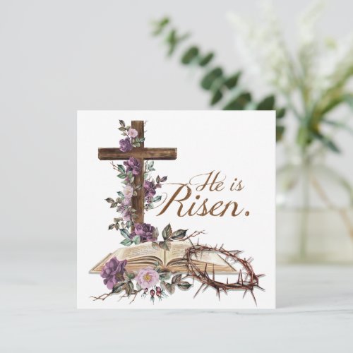 He is Risen Floral Cross with Bible Easter Card