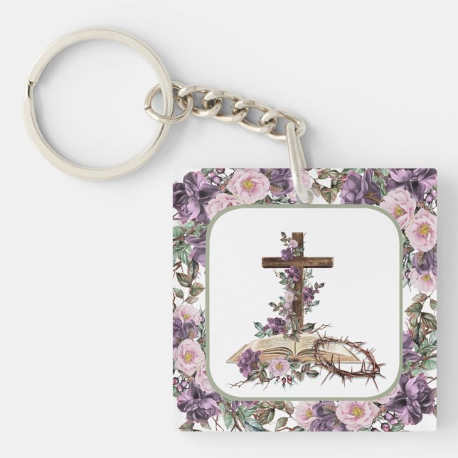 He is Risen Floral Cross with Bible  Keychain (Front)