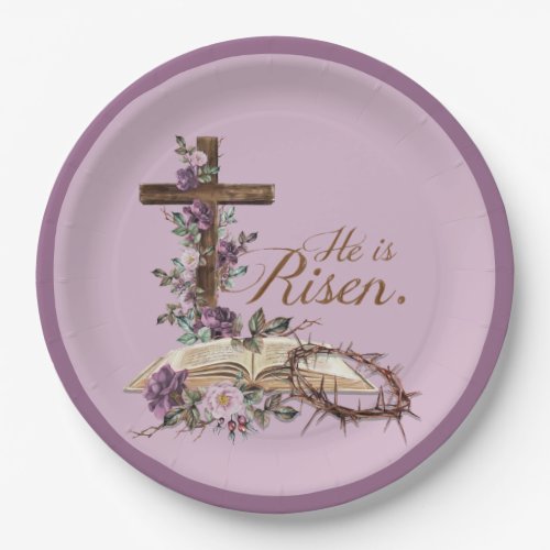 He is Risen Floral Cross with Bible  Paper Plates