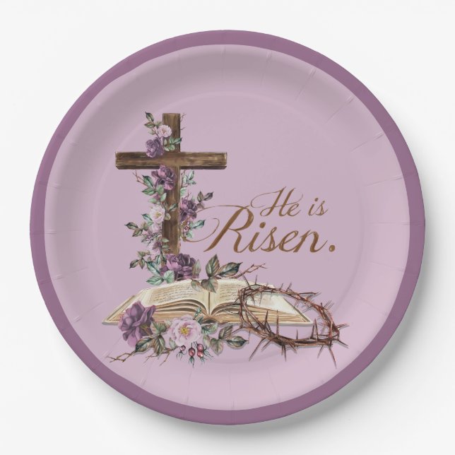 He is Risen Floral Cross with Bible  Paper Plates (Front)