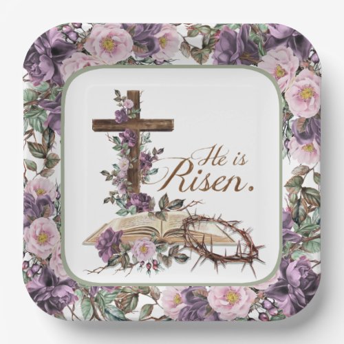 He is Risen Floral Cross with Bible Paper Plates