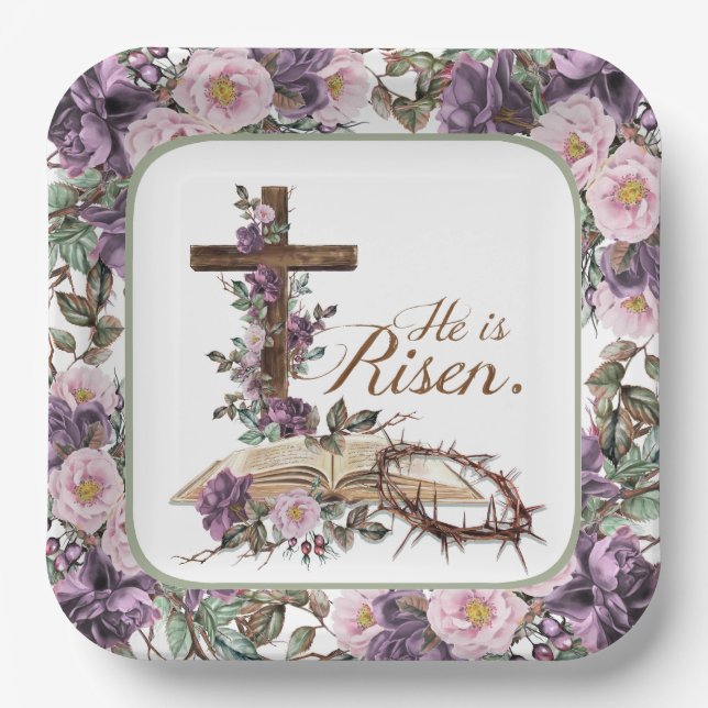 He is Risen Floral Cross with Bible Paper Plates (Front)