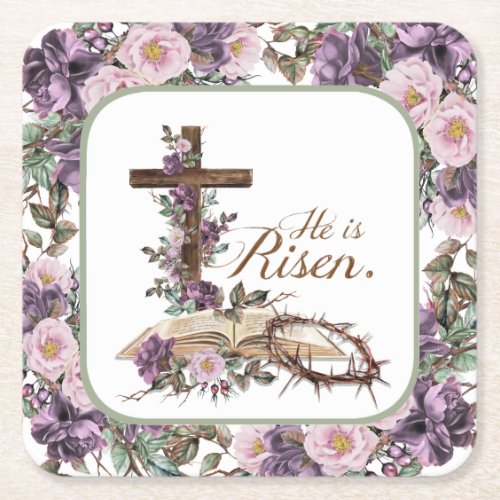 He is Risen Floral Cross with Bible Square Paper Coaster
