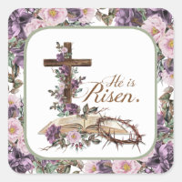 He is Risen Floral Cross with Bible Square Sticker