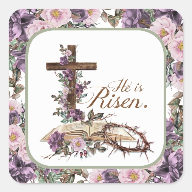 He is Risen Floral Cross with Bible Square Sticker (Front)