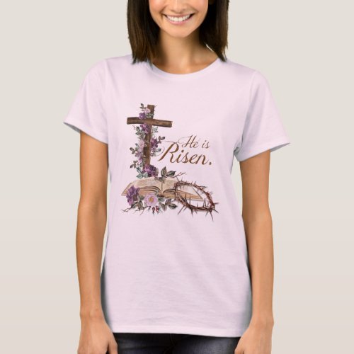 He is Risen Floral Cross with Bible  T_Shirt